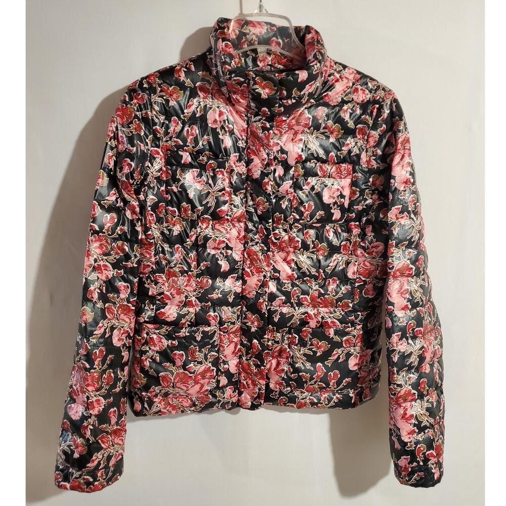 Lands End Floral Cherry Blossom Goose Down Packable Puffer Jacket Womens Size S